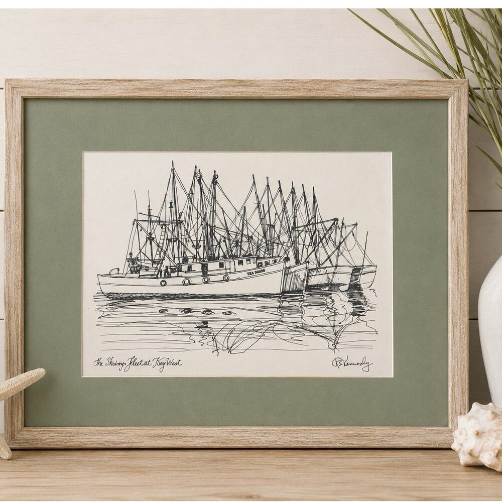 R.E. Kennedy The Shrimp Fleet Key West Vintage Nautical Beach Art Ink Drawing